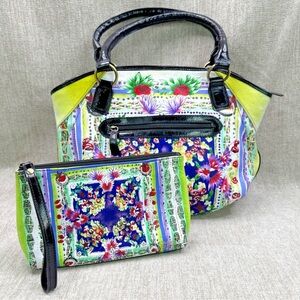 EUC Sharif Hand Painted Large Leather Handbag with Matching Wrislet